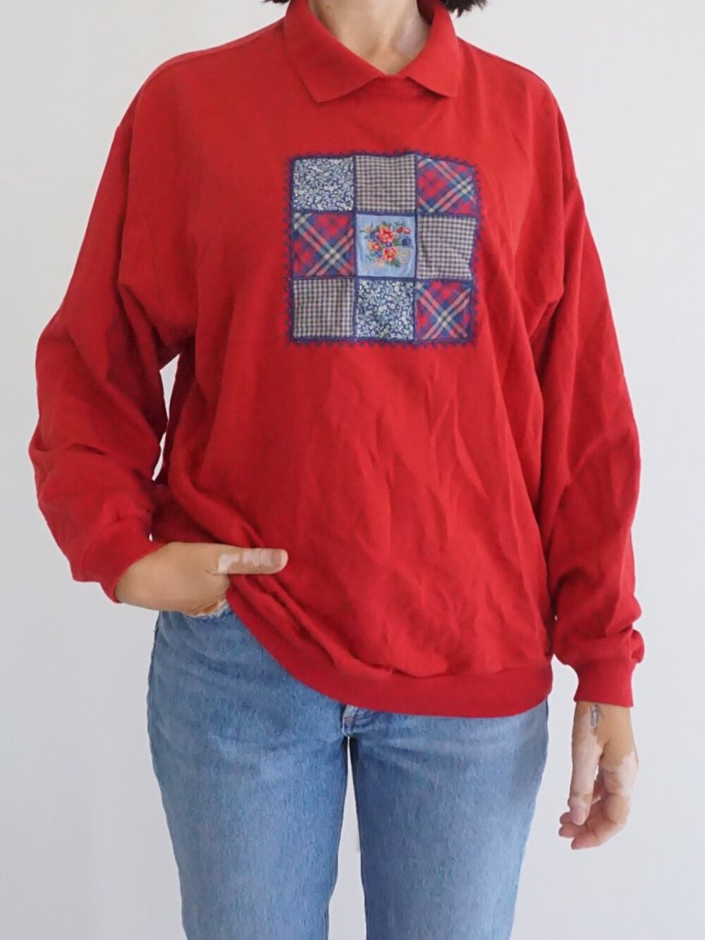 Vintage Jantzen Red Plaid Floral Patchwork Quilt Collared Knit Sweatshirt XL